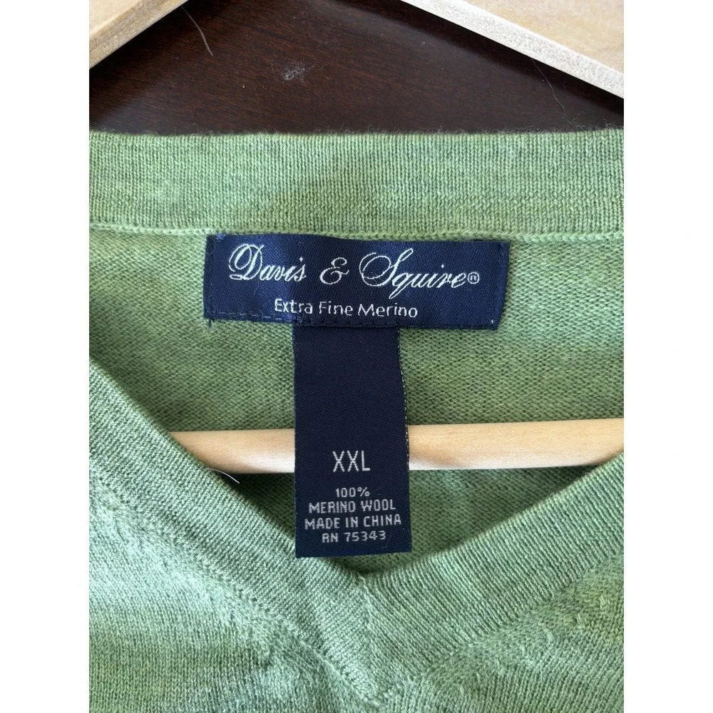 Davis & Squire Sweater Mens 2XL Extra Fine Merino Wool V-Neck Apple Green - Picture 2 of 7